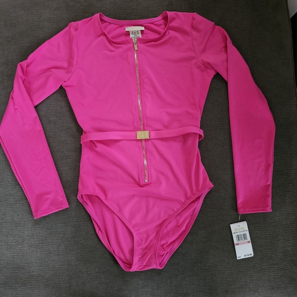Michael Kors Pink long Sleeve Zip Up Logo Belt One Piece Paddle Swimsuit Size 8 - Picture 10 of 10